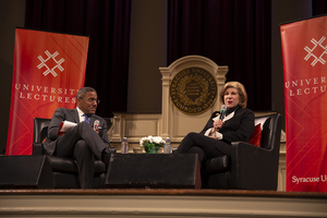 College of Law Dean Craig Boise (left) moderated NPR journalist Nina Totenberg's talk about her career and the Supreme Court. 