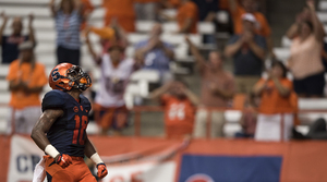 Dontae Strickland looks skyward during last Friday's season-opener against Rhode Island. The true freshman ran for his first career touchdown against the Rams.