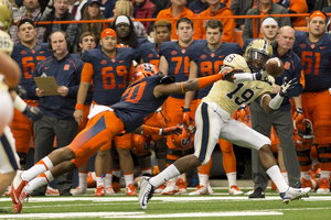 Pittsburgh wide receiver Dontez Ford makes a grab during Saturday's game. The Panthers downed the Orange, 23-20, as time expired.