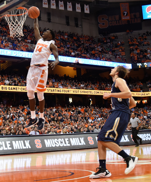 Kaleb Joseph rises for a dunk against Montana State in the Carrier Dome on Tuesday night. He finished with two points in 13 minutes.