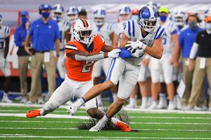 Ifeatu Melifonwu defends a Duke wide receiver at the Carrier Dome on Oct. 10.