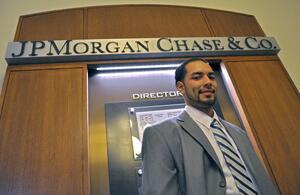 Jonathan Sanchez, intern analyst on the computer incident security response team at JPMorgan Chase, stands in Lyman Hall, where JPMorgans technology center is located. 