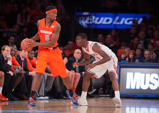 C.J. Fair looks into the paint, maneuvering around the St. John's defense. 