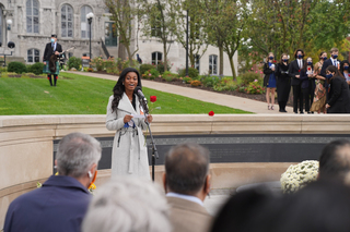 Elizabeth Acquaah-Harrison reads a short speech about the life and memory of Kenneth Bissett, whom she represents.